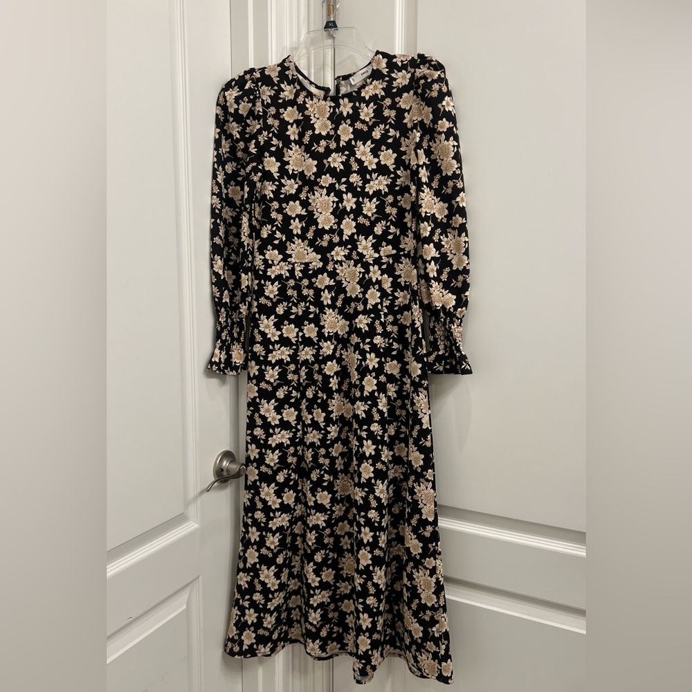 Mango Women’s Black Floral Long Sleeve Midi Dress